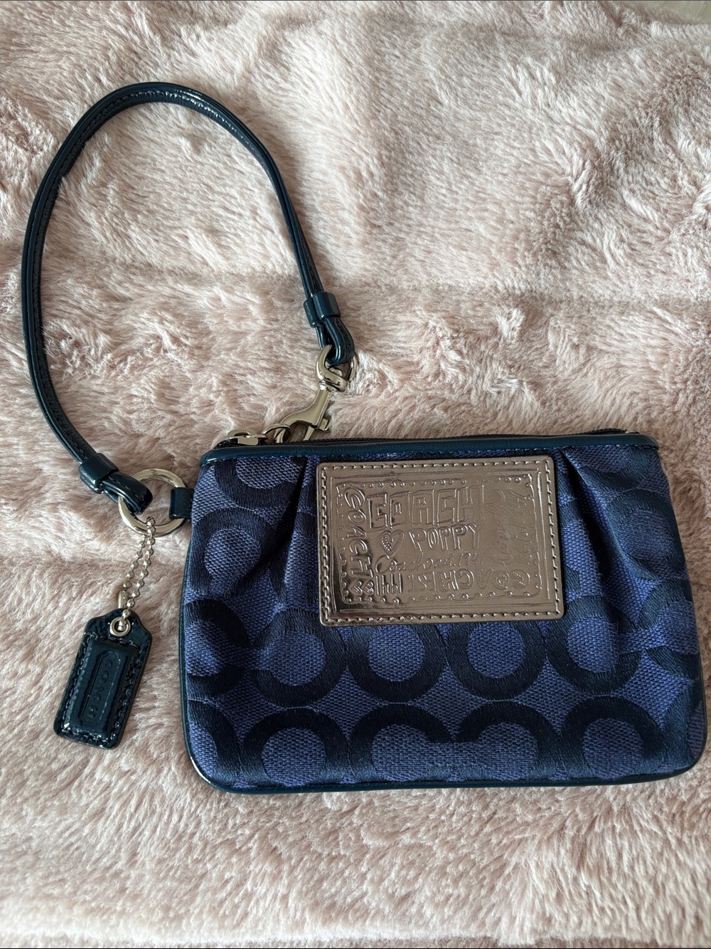 Coach Navy and Black Signature Canvas Wristlet with Pewter Coach leather Patch